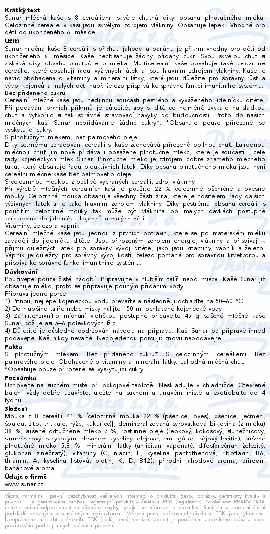 Sunar Mléčná kaše 8 cereálií jahoda/banán 6m+ 210g