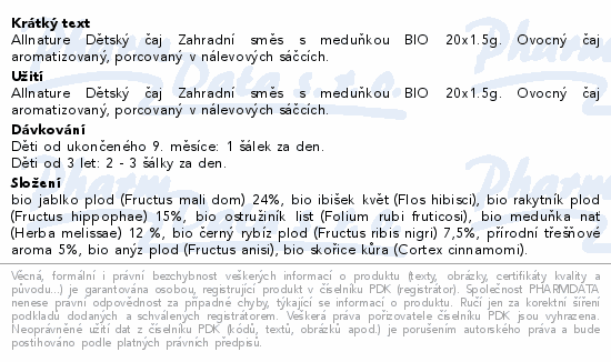 Allnature Děts.čaj Zahr.směs meduň.BIO 20x1.5g 9M+