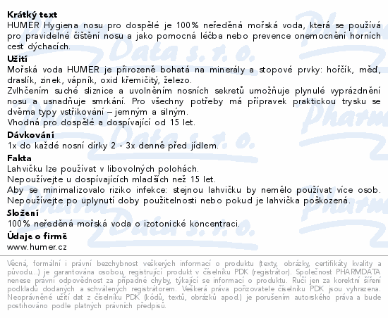 HUMER Hygiena nosu 100% mořská voda pro dosp.150ml