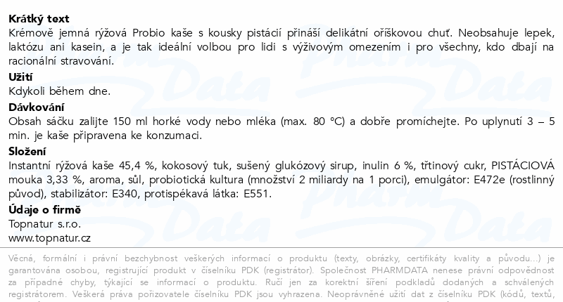 Topnatur Probio rýžová kaše pistácie 60g