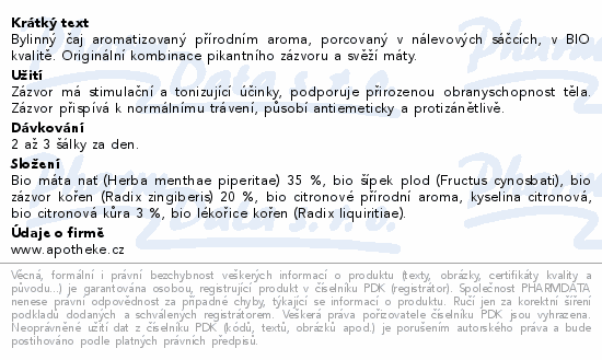 Apotheke BIO Zázvor.s citronem a mátou čaj 20x1.5g